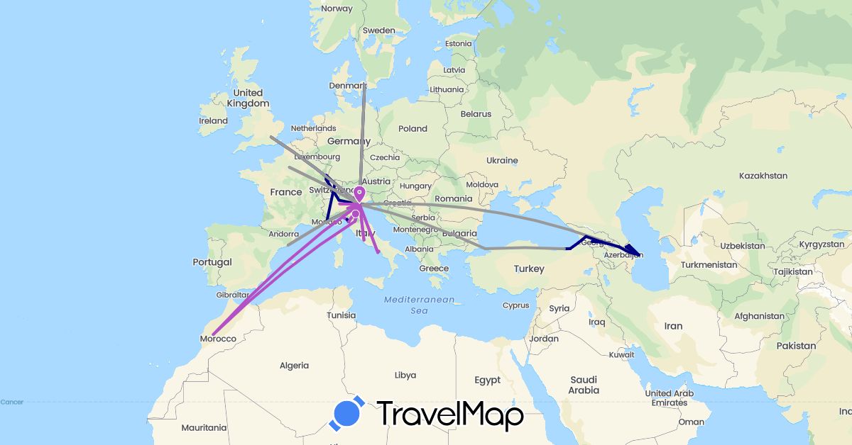 TravelMap itinerary: driving, plane, train in Azerbaijan, Switzerland, Denmark, Spain, France, United Kingdom, Georgia, Italy, Morocco, Monaco, Turkey (Africa, Asia, Europe)